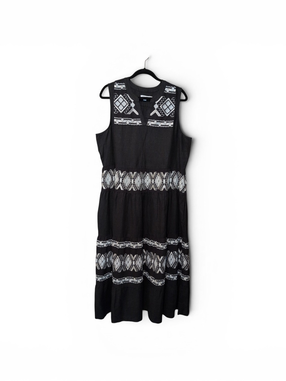 Chico's Black Midi Dress with White Geometric Embroidery